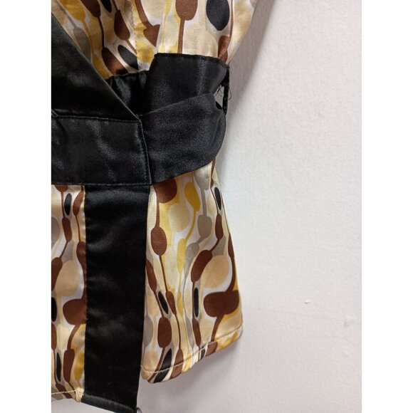 BCBGMaxazria Womens Wrap Blouse Size Medium Yellow Brown Abstract Satin Top - Picture 4 of 9